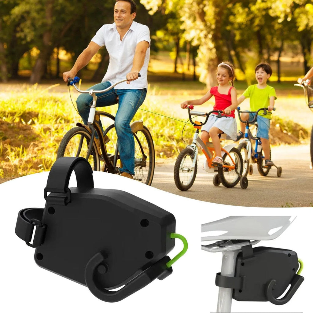Black plastic bike trailer rope for connecting children's trailers to adult bicycles