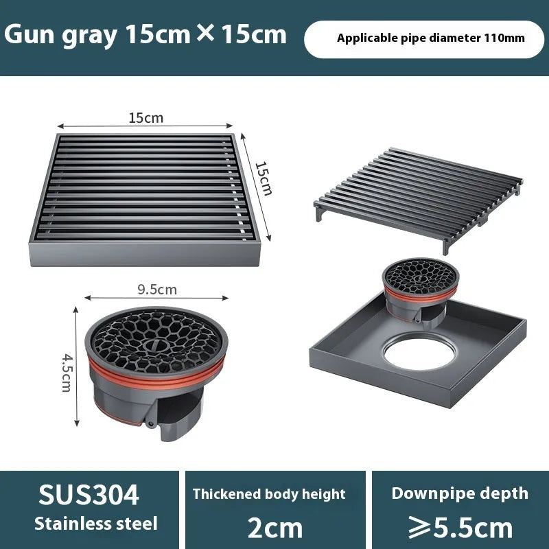 304 stainless steel courtyard floor drain in gun gray with 15x15cm dimensions and ABS deodorant core