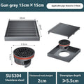 304 stainless steel courtyard floor drain in gun gray with 15x15cm dimensions and ABS deodorant core