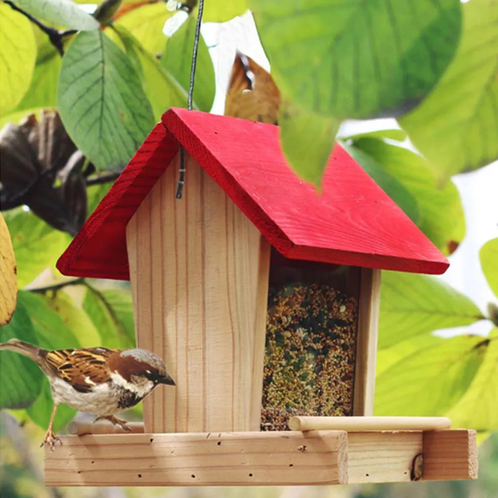 Suspended rain-proof field dispenser feeder with red roof and log-textured pine body