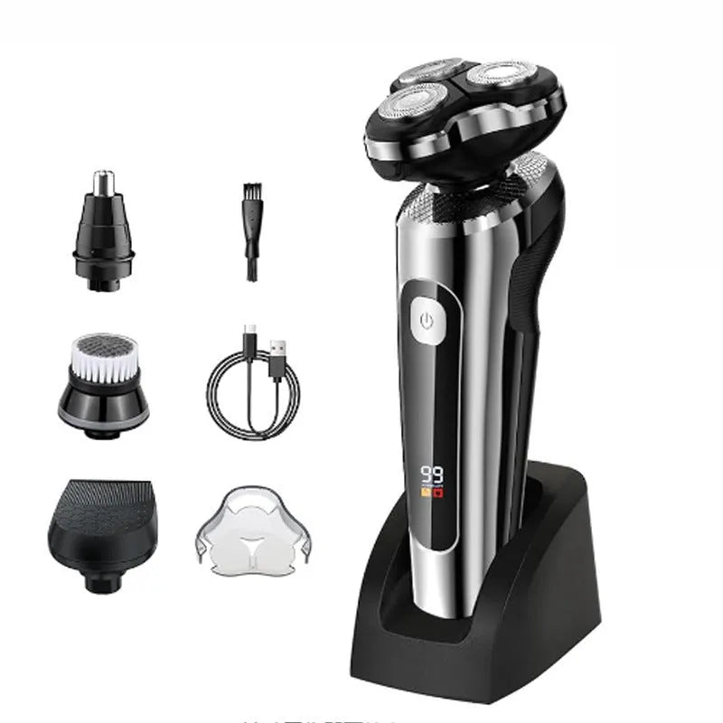 Digital USB rechargeable beard scraper with LED display and floating cutter head on charging base
