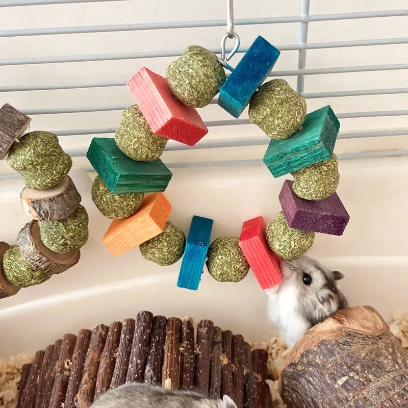 Hamster chew toy with Applewood molar rod and decorative straw ball ring for small pets