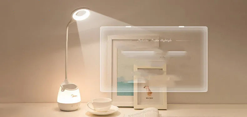 Green USB rechargeable touch table lamp with LED light on a wooden desk.