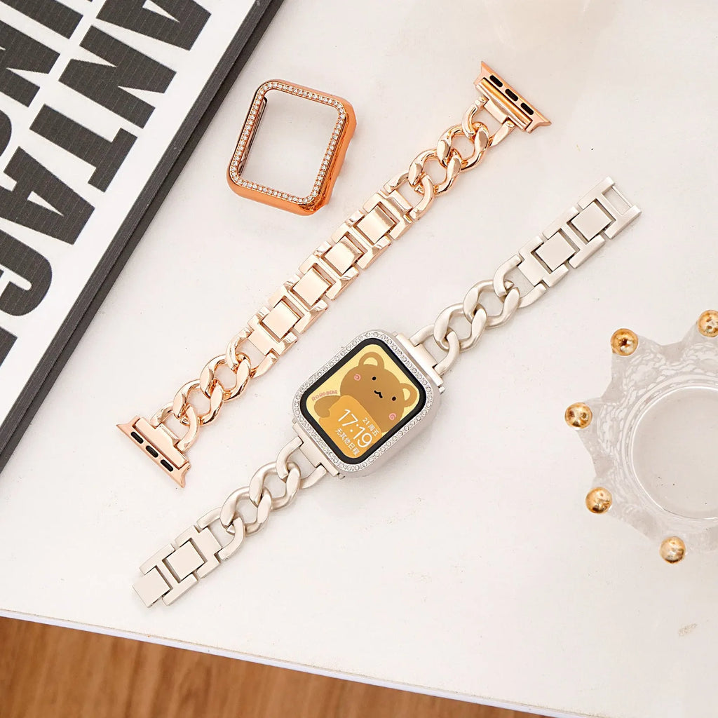 Silver denim chain link metal strap for Apple Watch with 22mm lug width on a 41mm case.