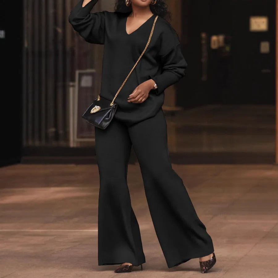 Women's brown casual suit with long sleeves and full-length trousers made from thickened deerskin velvet fabric.