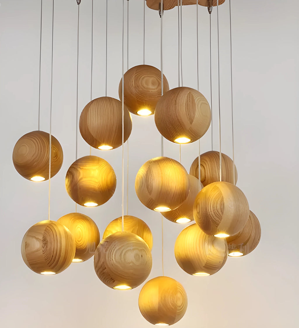 Nordic style solid wood ball chandelier hanging pendant light with adjustable cord.