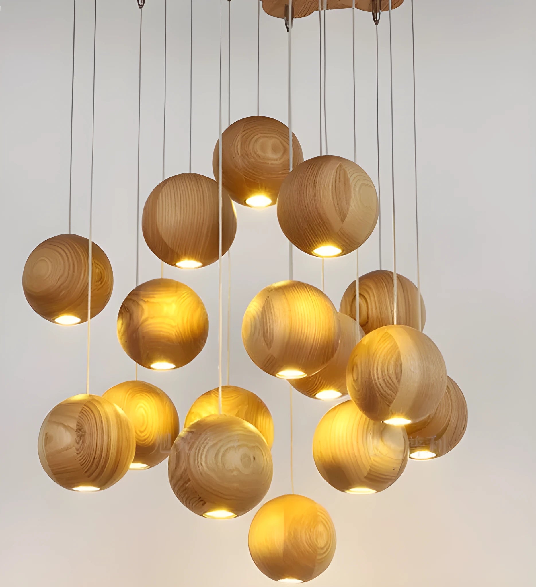 Nordic style solid wood ball chandelier hanging pendant light with adjustable cord.