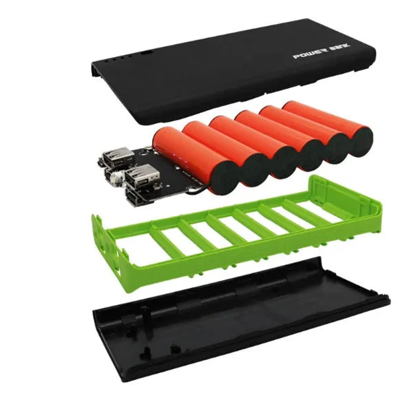 20000mAh portable power bank in five colour options showing its compact size.