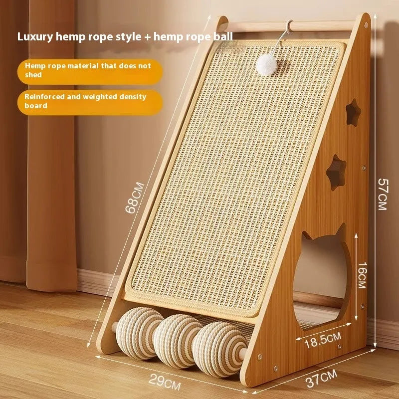 Vertical wall-mounted cat scratch board with sisal rope and cat funny ball design
