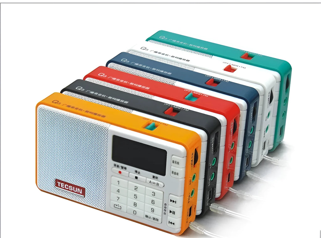Tecsun Q3 digital audio player in black showing front panel with buttons and TF card slot