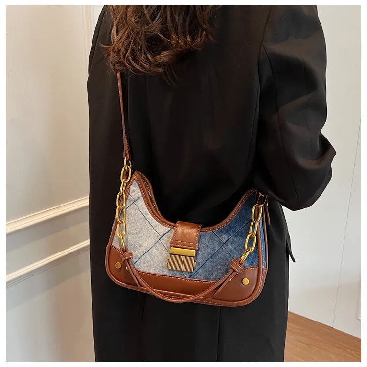Brown denim women's shoulder bag with diamond mesh detail and chain straps
