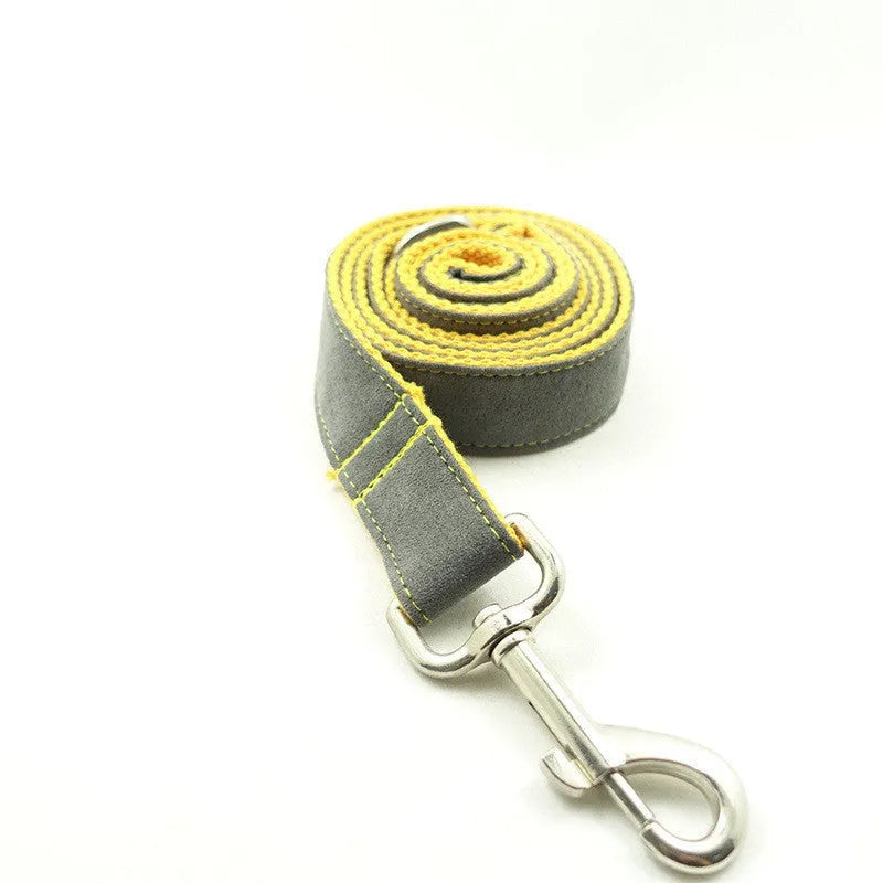 Grey and yellow dog leash made from polyester fibre, shown on a flat surface, available in multiple sizes