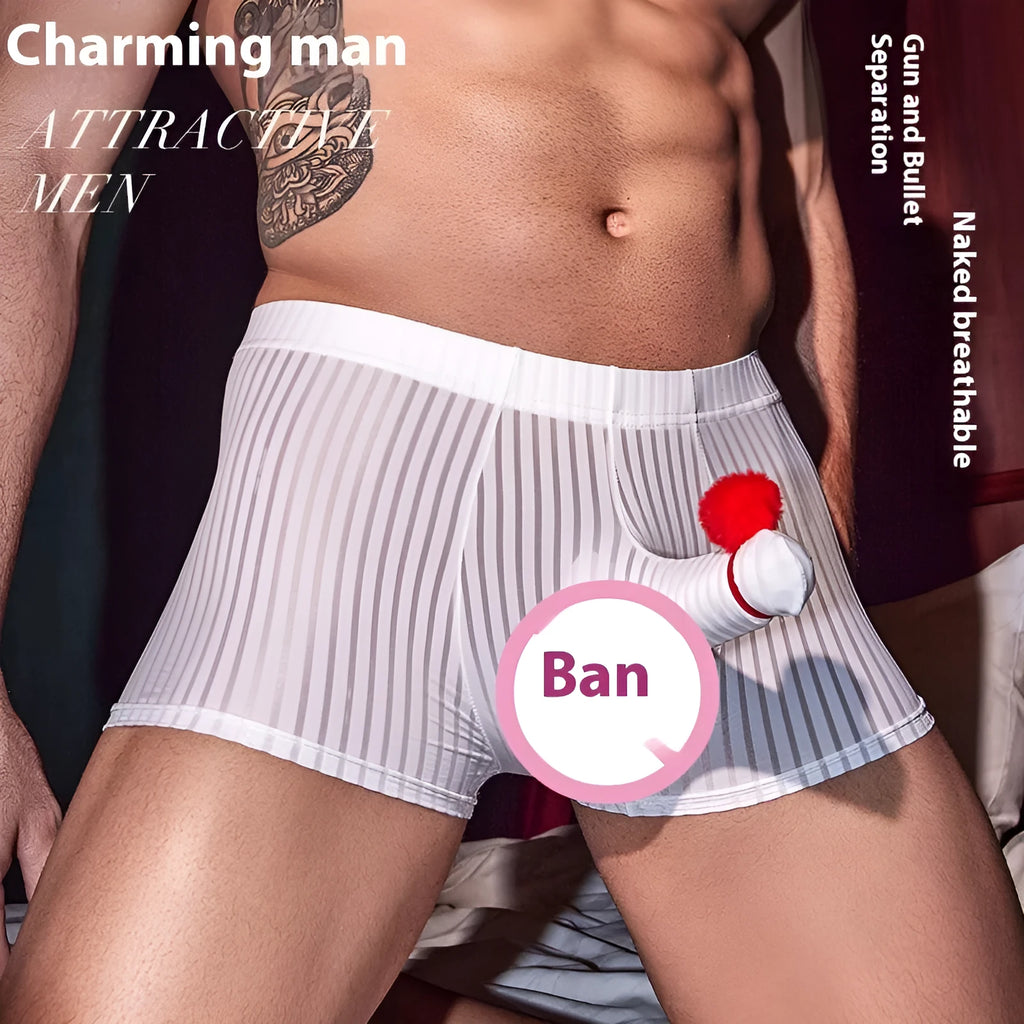 Men's striped boxer briefs in nylon fabric, black white dark grey colours, free size elastic construction