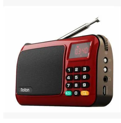 Golden Rolton W405 portable FM radio and MP3 speaker with LED display and control buttons.