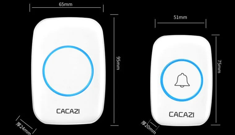 Wireless doorbell system showing transmitter and receiver units with 300m range capability