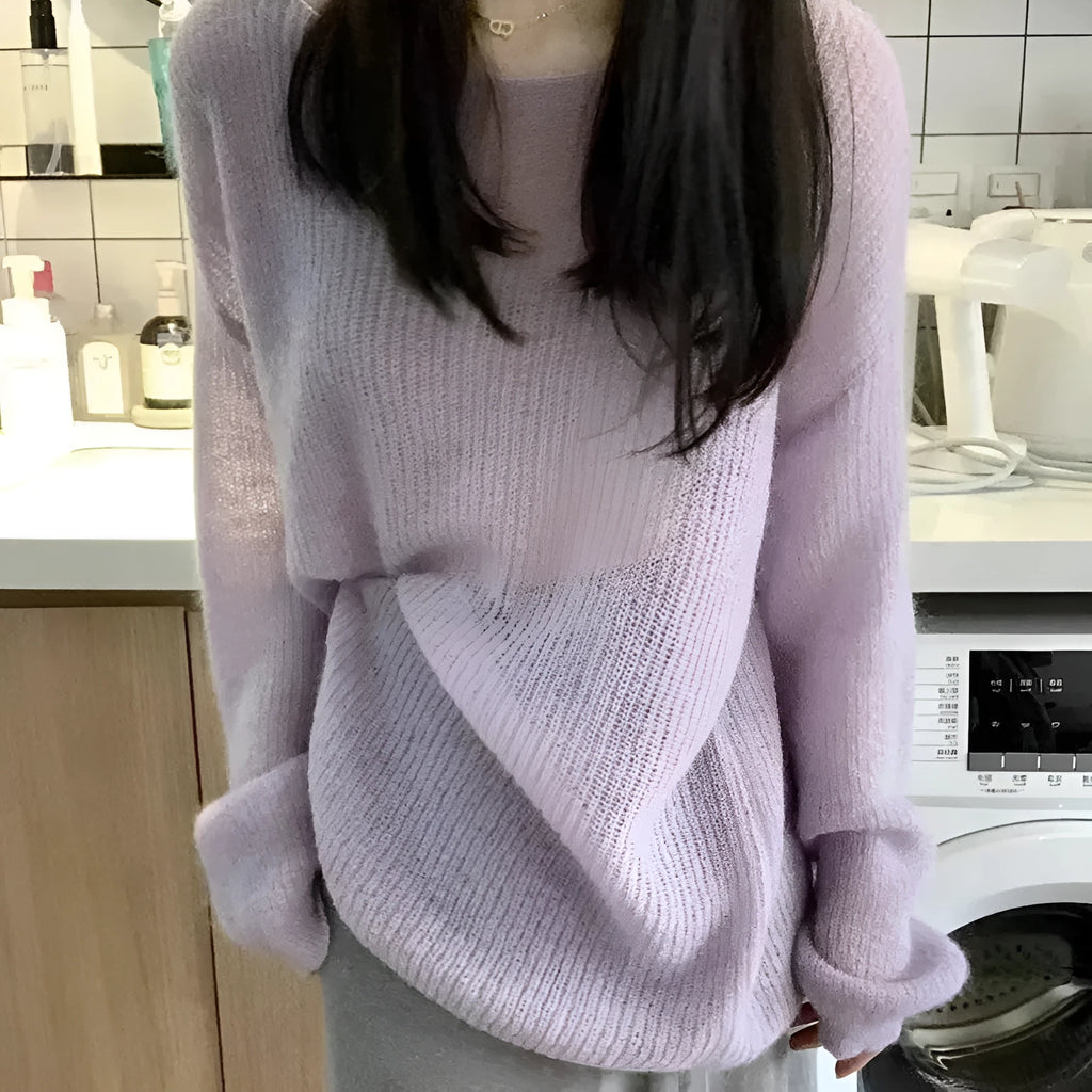Women's purple round neck blouse with hollow out design and princess sleeves in ice silk fabric