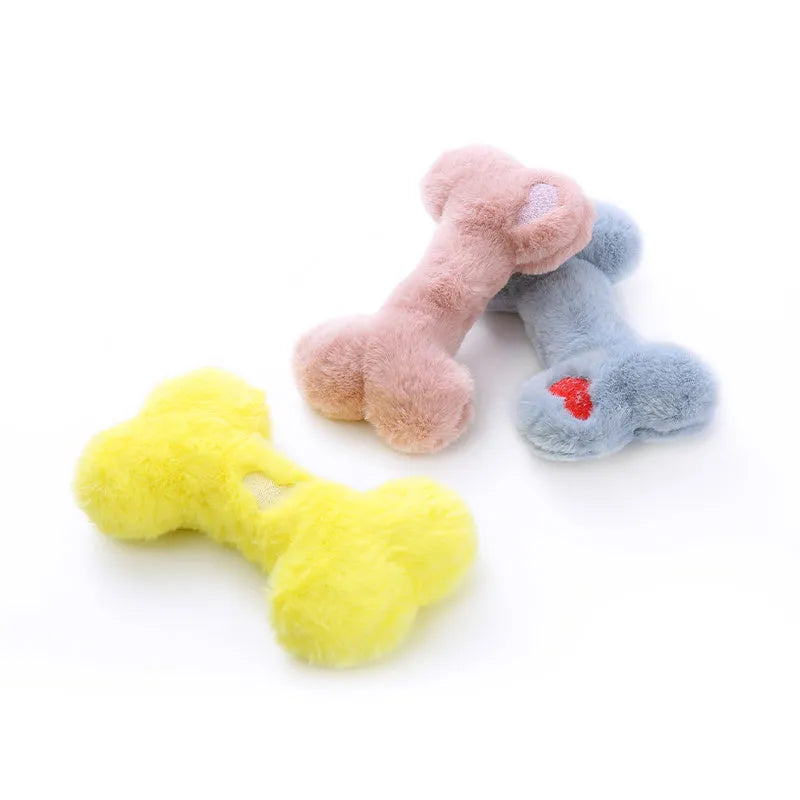 Blue plush bone-shaped dog toy with a squeaker for chew-resistant interactive play.