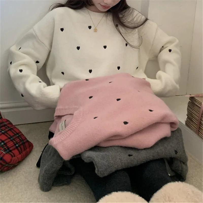 Beige women's acrylic pullover sweater with embroidered love pattern and loose fit