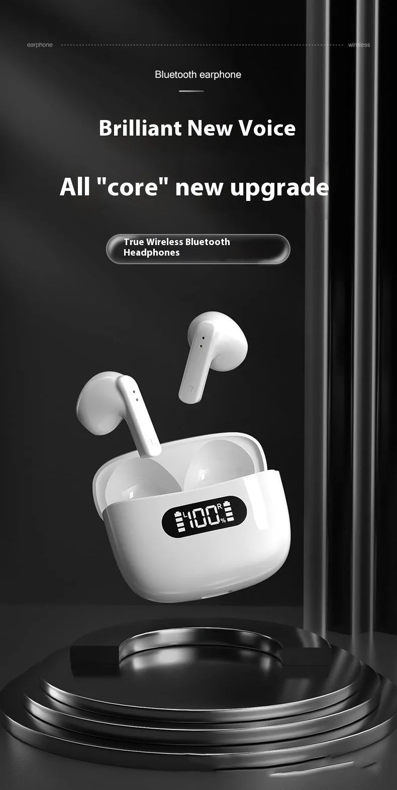 Digital TWS four generation Bluetooth headset in white with earbuds and charging case