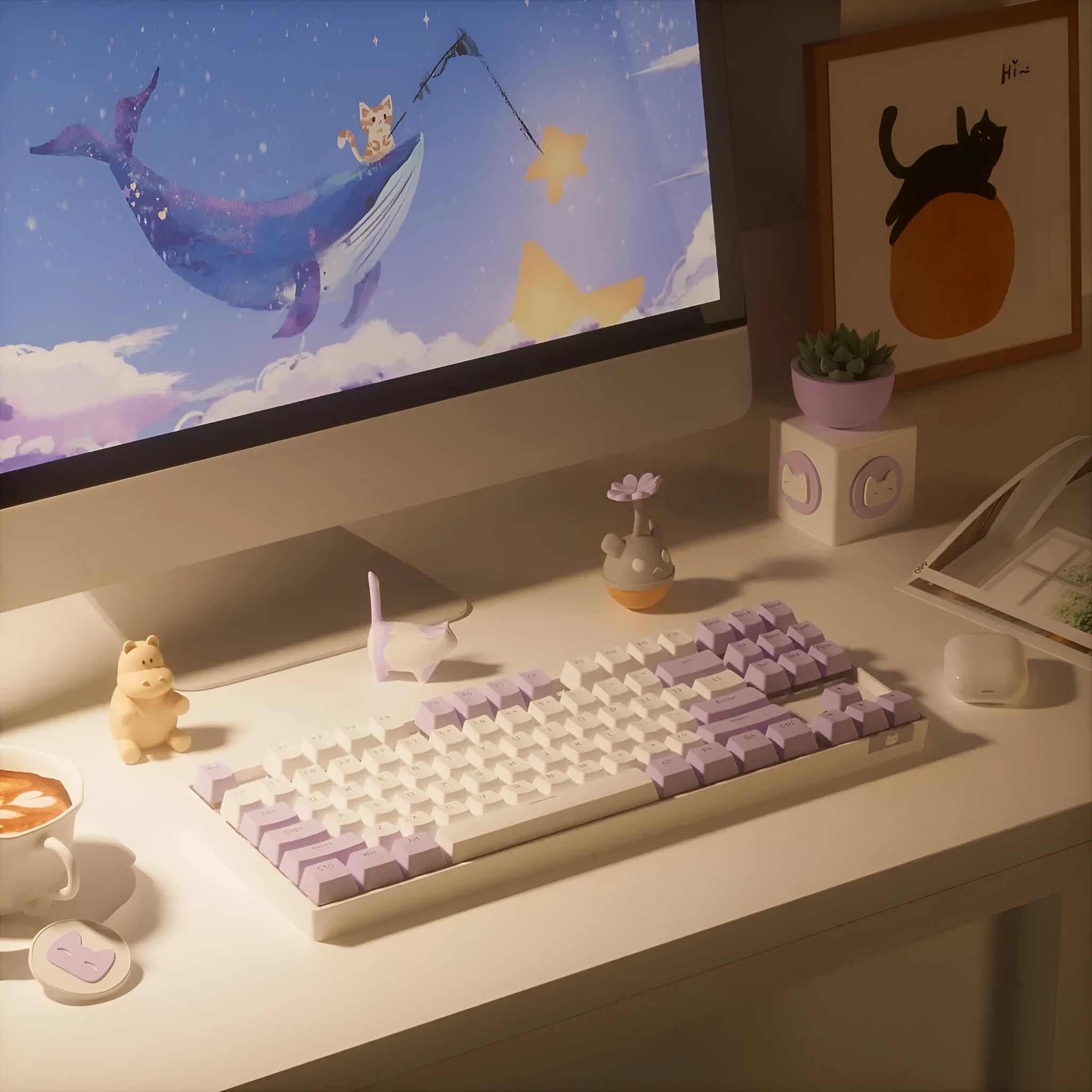 Wireless Bluetooth mechanical keyboard with metal construction in purple-white colour scheme
