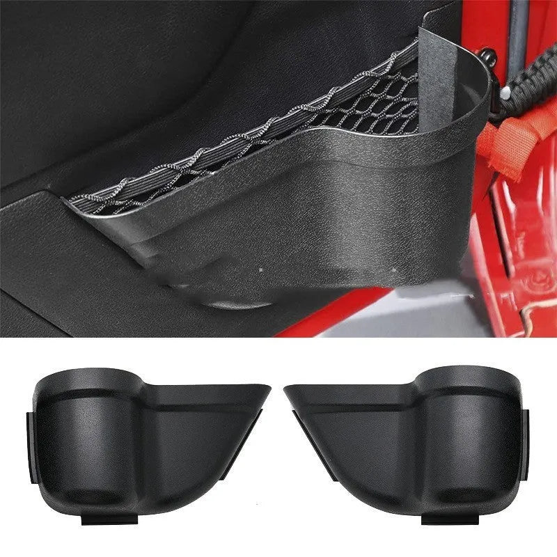 Black ABS plastic storage box mounted on a Jeep Wrangler interior door panel.