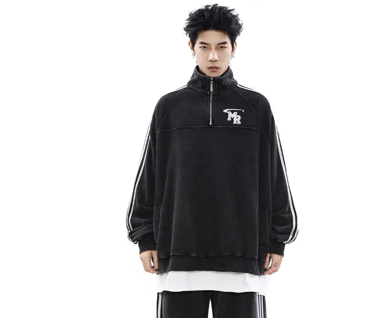 Black Hong Kong style stand collar long sleeve polyester sports hoodie on a hanger