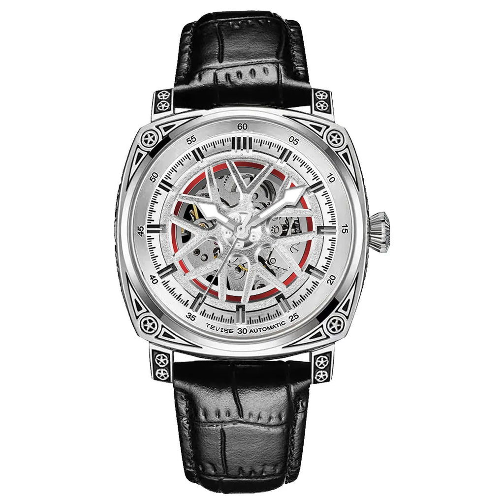 Men's stainless steel automatic mechanical watch with leather strap in multiple colour options
