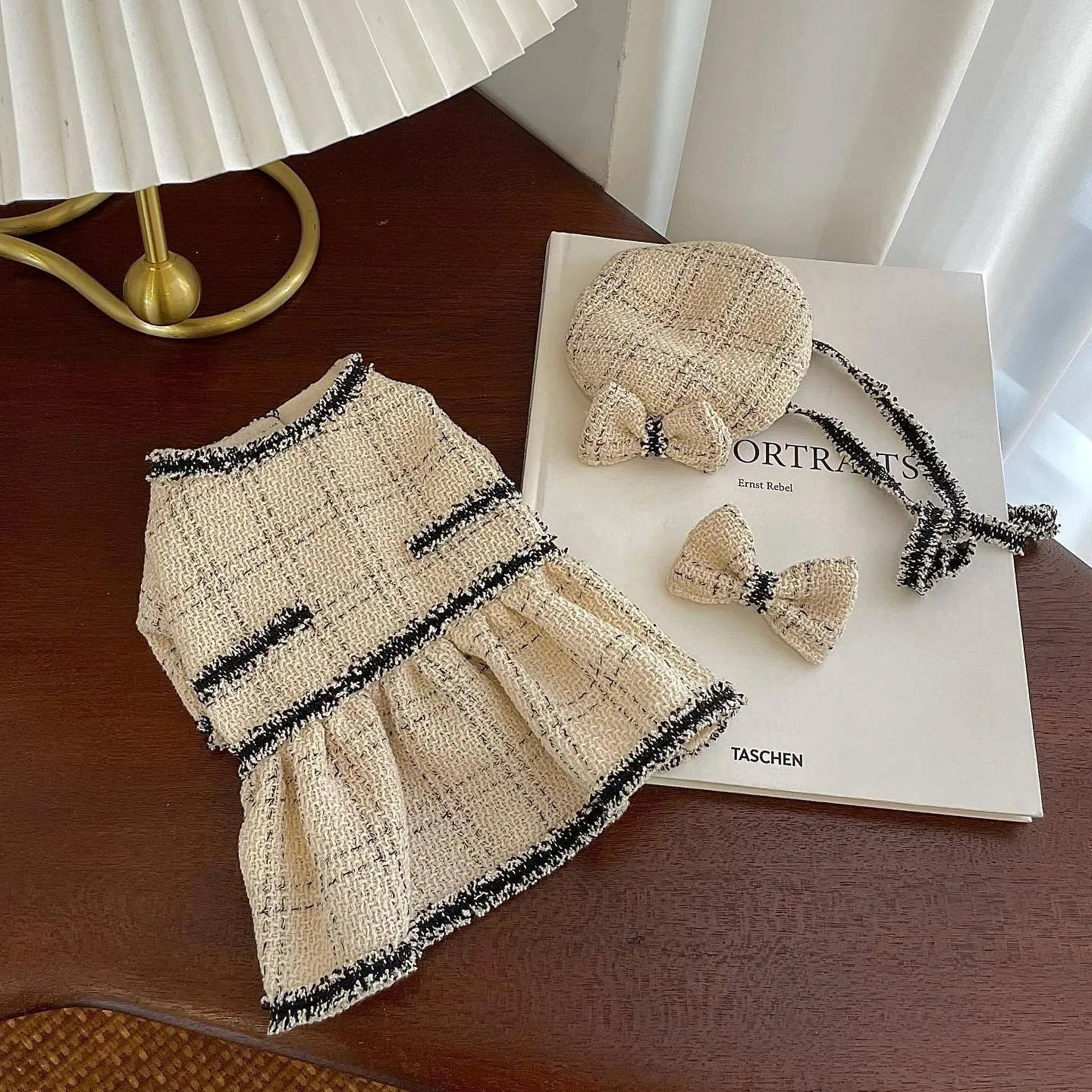 Beige cotton princess skirt with hairpin for small to large pet sizes XS-2XL