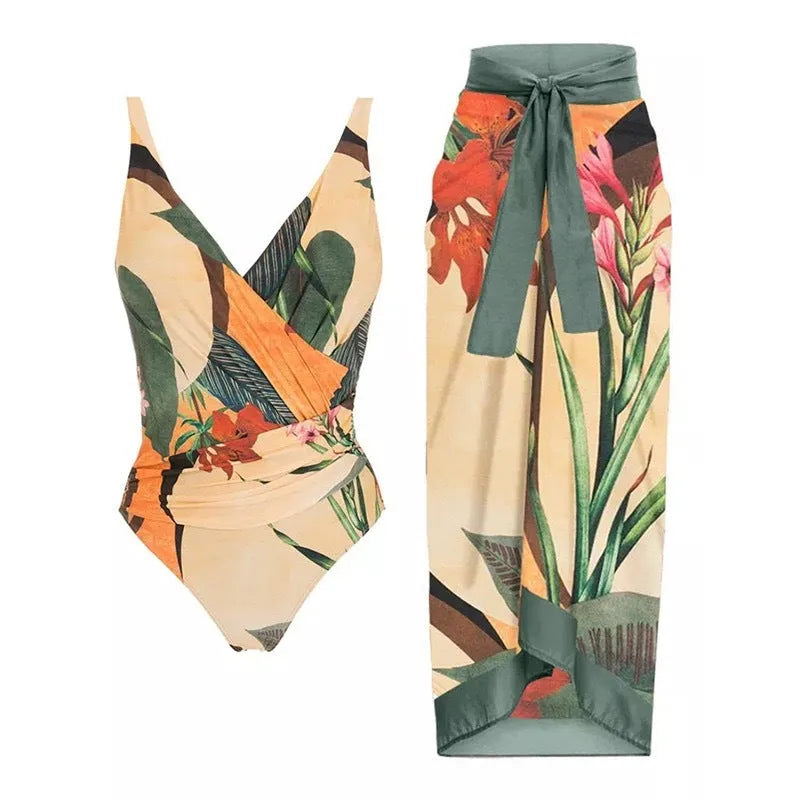 Solid colour women's one-piece swimsuit with spaghetti straps and a matching detachable skirt.