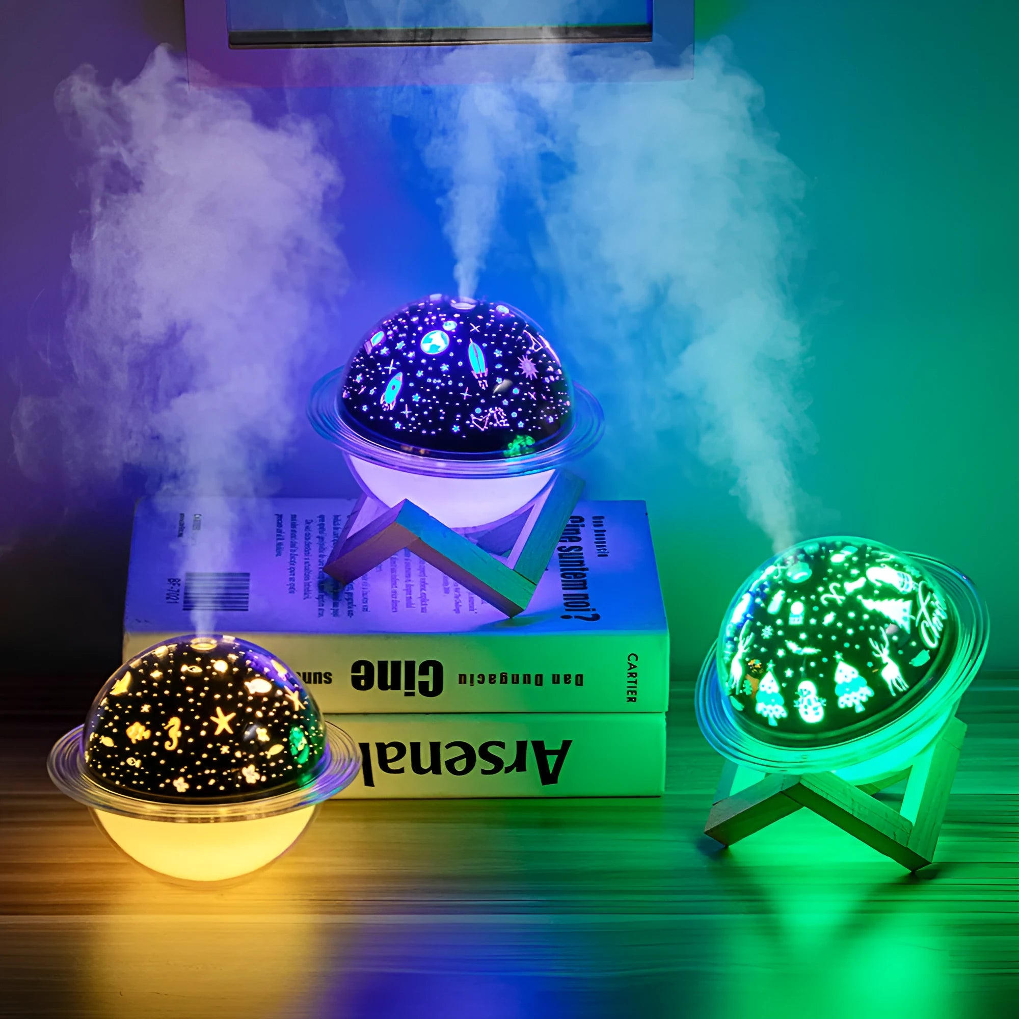Moon-shaped projection lamp humidifier with 3 LED colours and 250ml tank on desk