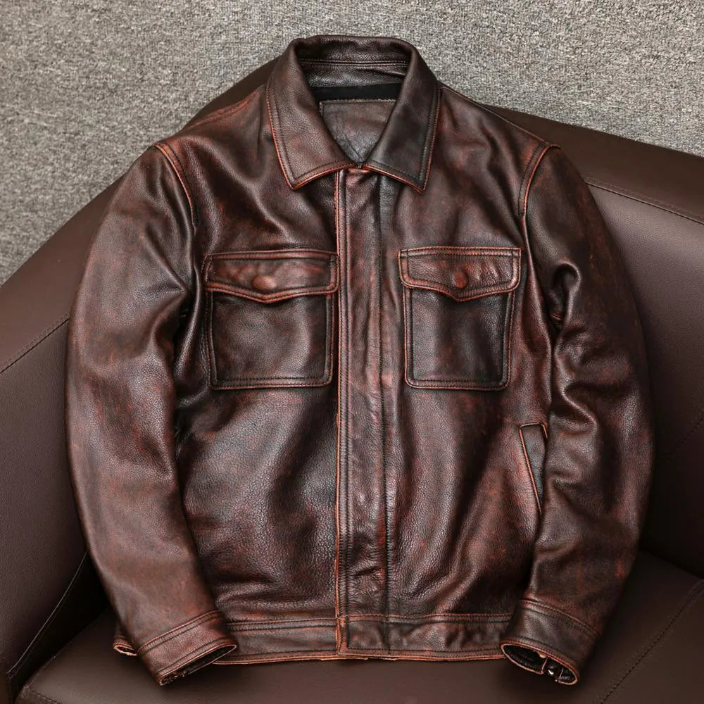 Men's loose fit lapel short leather jacket in retro Kaji style, side seam pockets