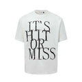 Men's white American retro t-shirt with blue printed letter design, loose fit round neck