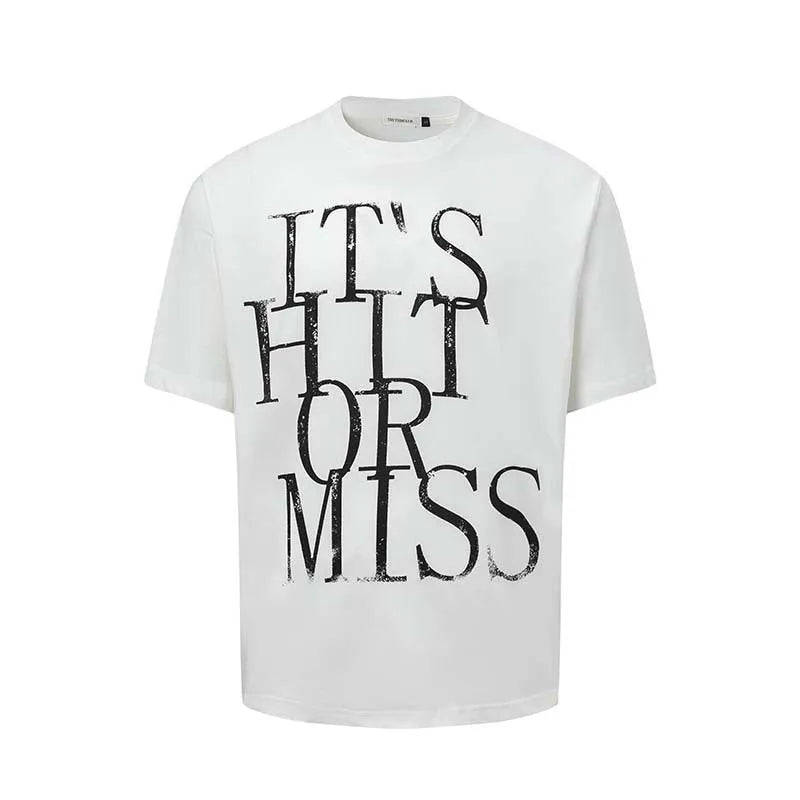 Men's white American retro t-shirt with blue printed letter design, loose fit round neck