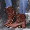 Women's blue Western cowgirl boots with embroidery details and low wedge heel