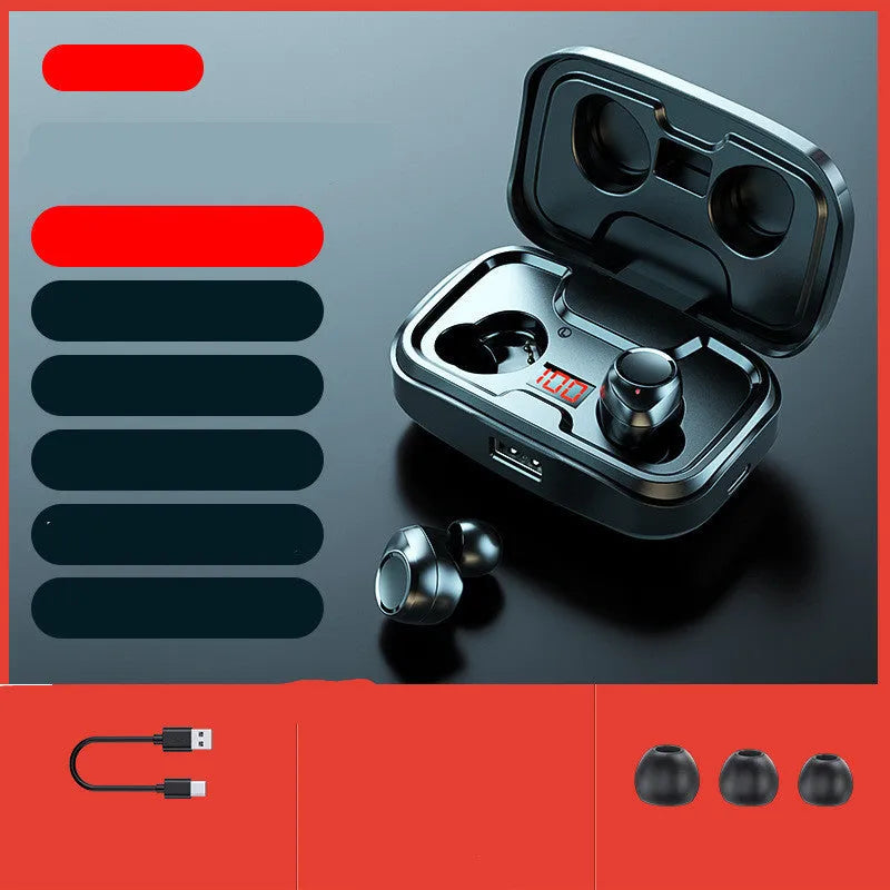 Wireless Bluetooth 5.0 in-ear earphones with private mould design in black, blue, and red colour options