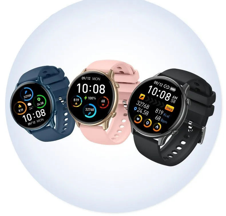 Round smart sports watch with touch screen, heart rate monitor, and silicone strap in black, blue, or pink