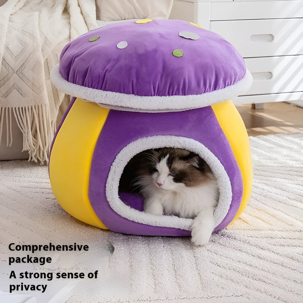 Grey mushroom-shaped plush cat nest bed for indoor cages, shown with a detachable design.
