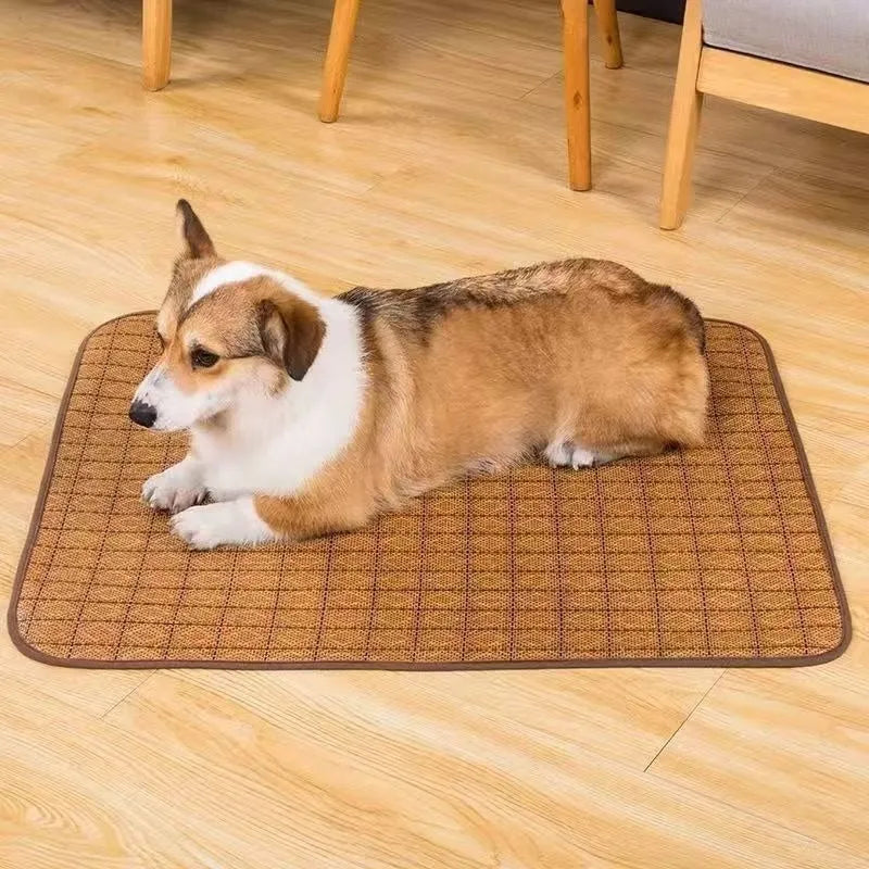 Brown rattan fibre summer pet cooling sleeping mat for dogs, available in sizes S to 3XL