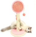 Blue cat scratching post made of natural sisal with a hanging ball on a stable white base.