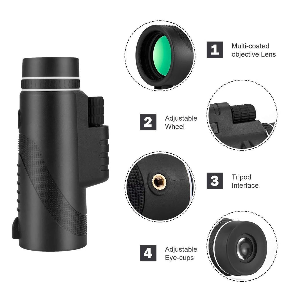 Black 40x60 monocular telescope with 144mm length showing objective lens and eyepiece
