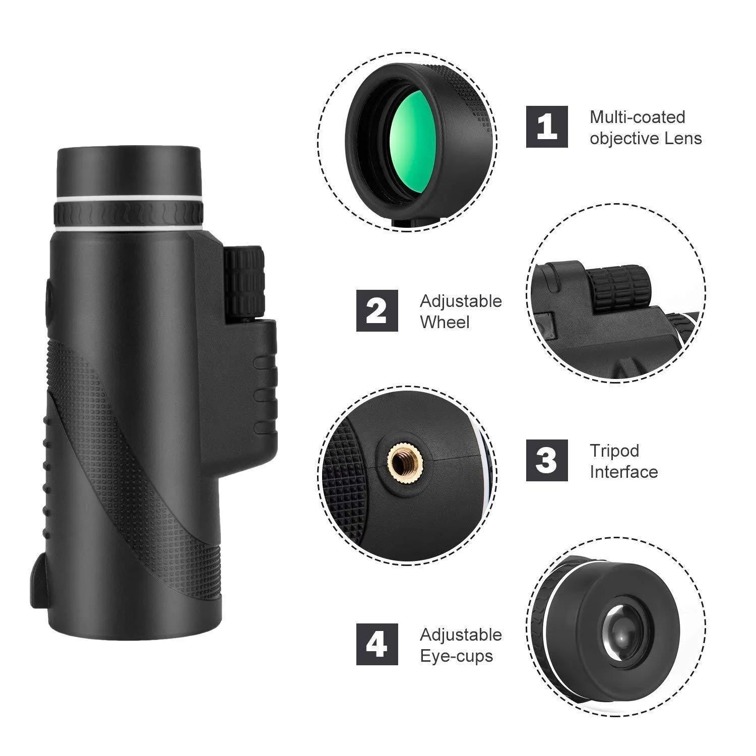 Black 40x60 monocular telescope with 144mm length showing objective lens and eyepiece