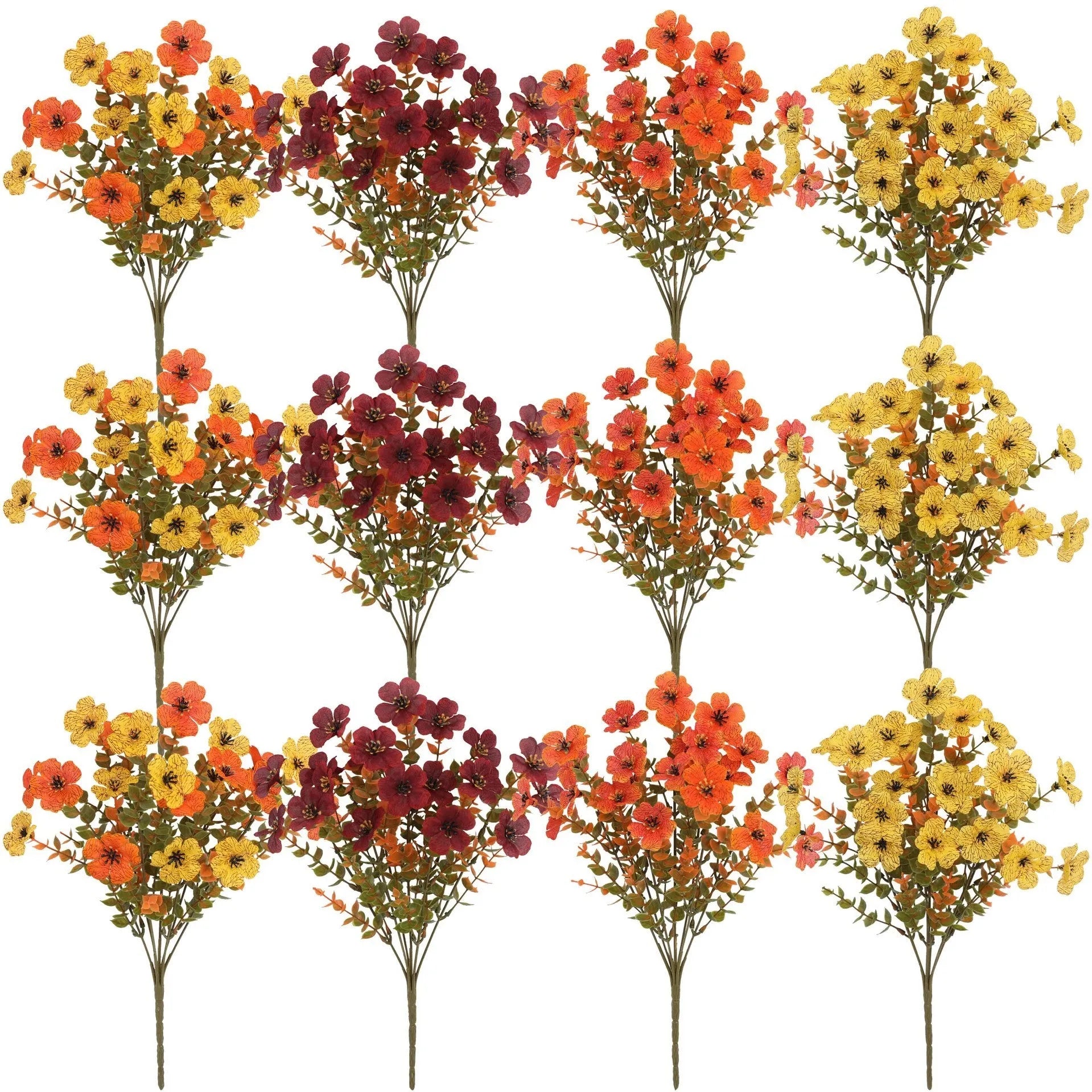 Artificial flower bouquet in autumn orange, yellow, and red colours with detailed plastic and silk construction