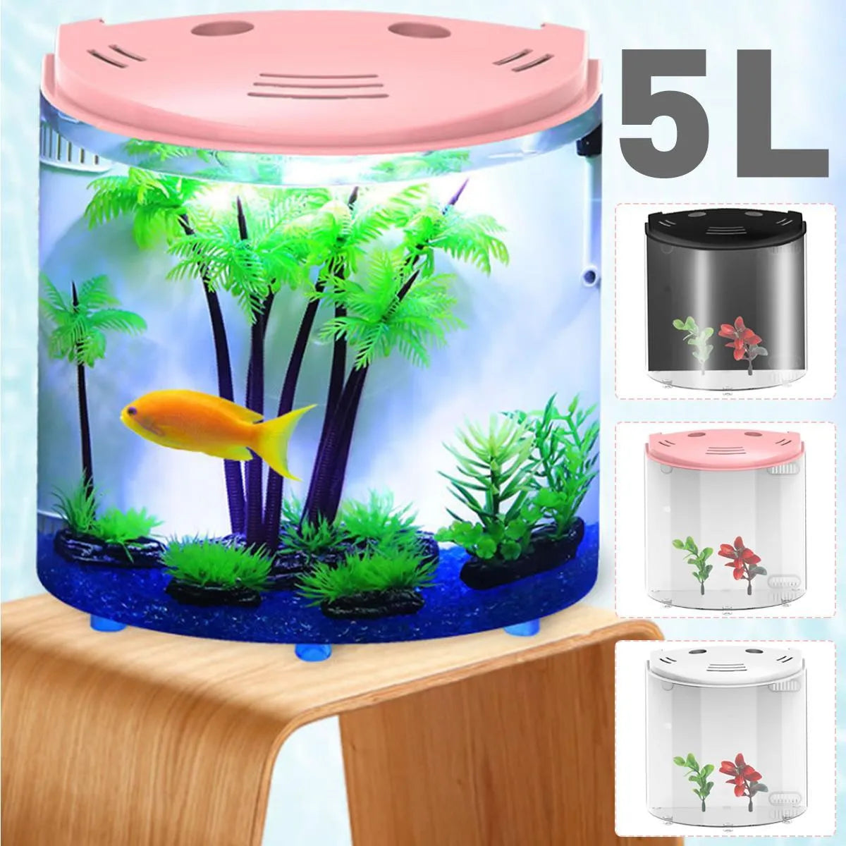 Clear acrylic fish tank with black frame, 20x14x21cm, with LED light and USB cable