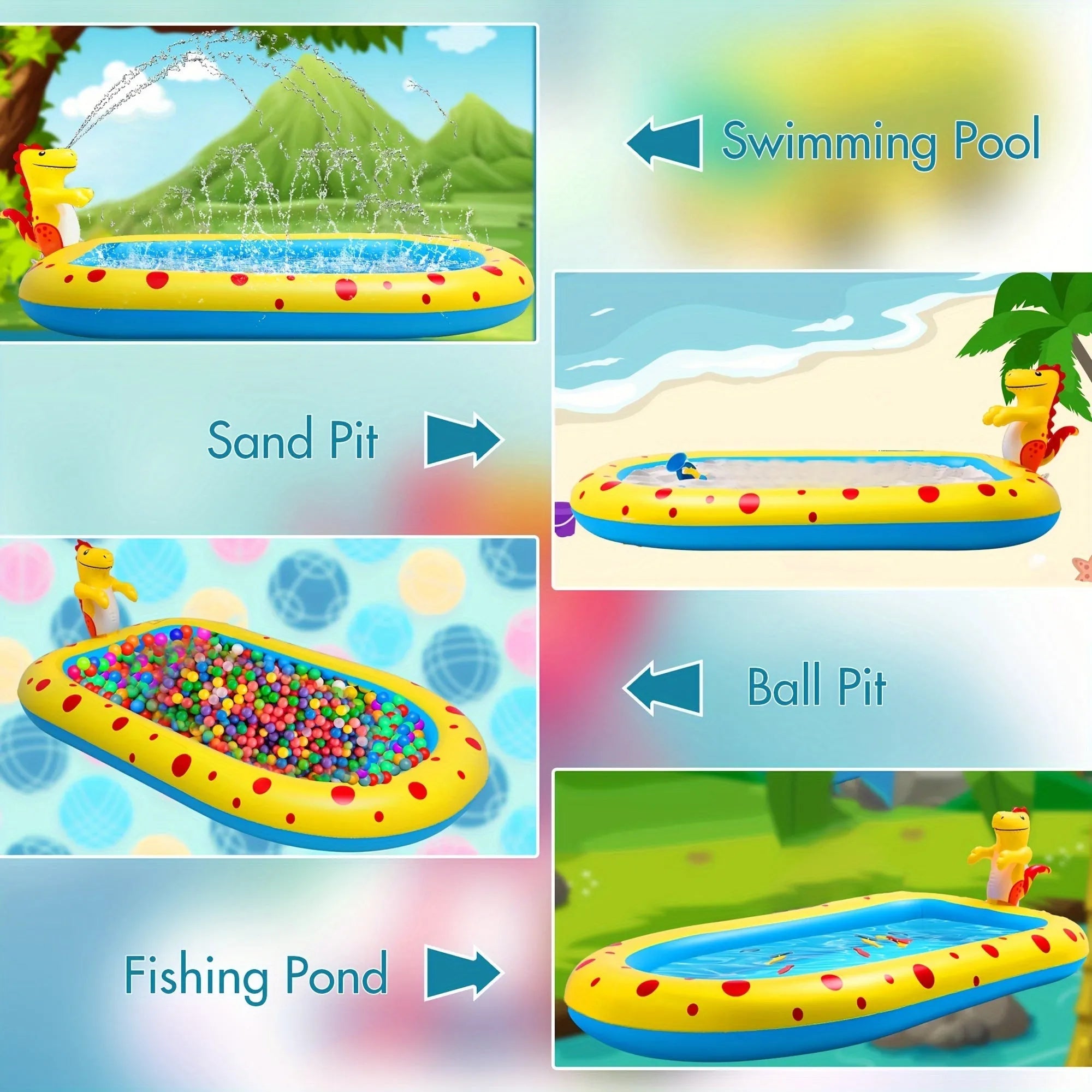 Blue dinosaur water spray pool for kids outdoor play measuring 170cm