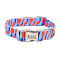 Custom dog collar with personalised lettering in black, available in three adjustable sizes for small to large dogs