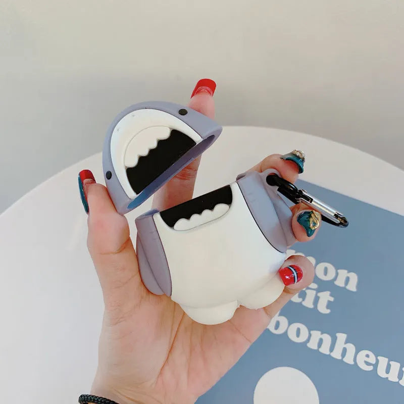 Coloured silicone protective cover with shark design for Apple AirPods 1 and 2 charging case.
