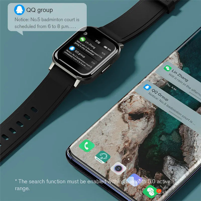 Black waterproof smart fitness bracelet with a 1.4-inch touchscreen on a silicone wristband.