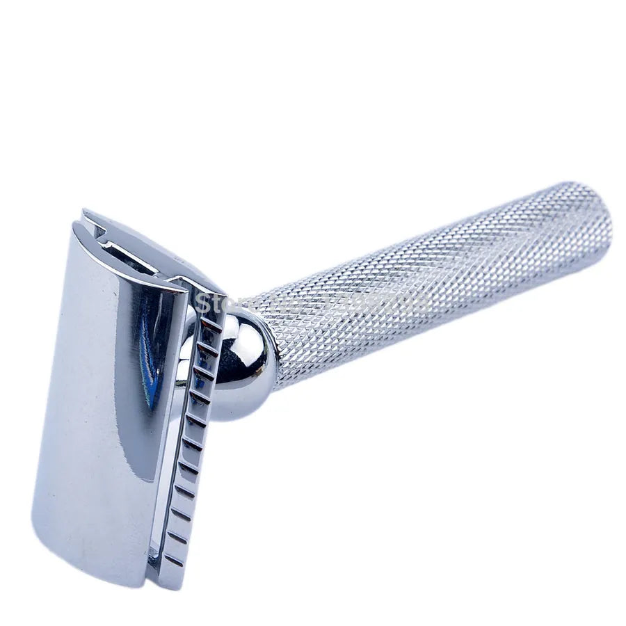 CSB men's shaving kit showing double edge razor, badger hair brush, chrome stand, zinc bowl, blades in black box.