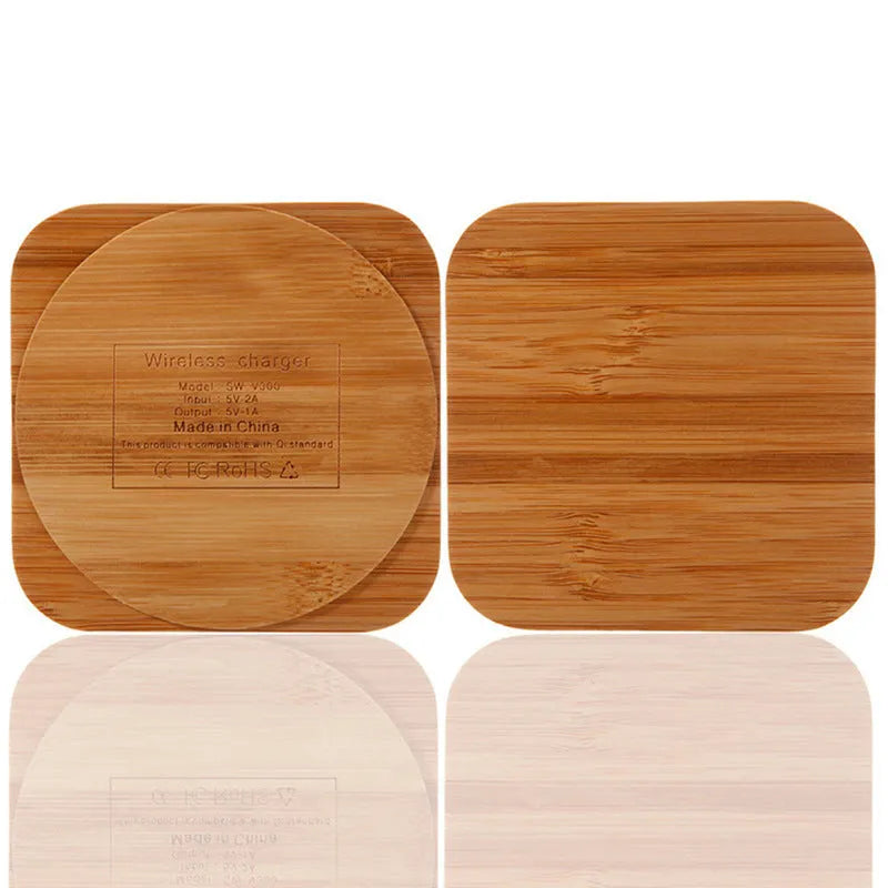 Square wooden bamboo wireless charging pad showing 92mm dimensions with Qi charging indicator light