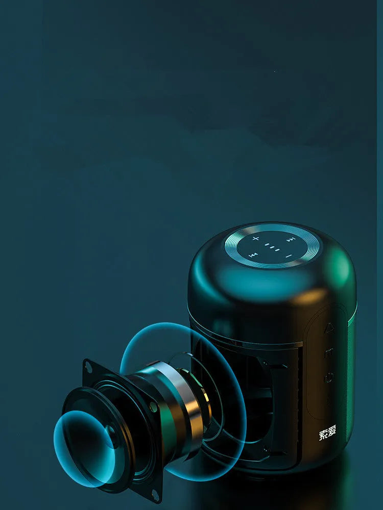 Black portable Bluetooth speaker showing front grille and control buttons